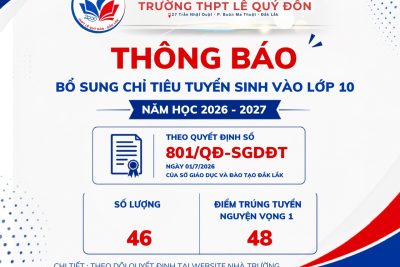 THÔNG BÁO : Về việc bổ sung chỉ tiêu tuyển sinh vào lớp 10 trung học phổ thông công lập năm học 2026-2027